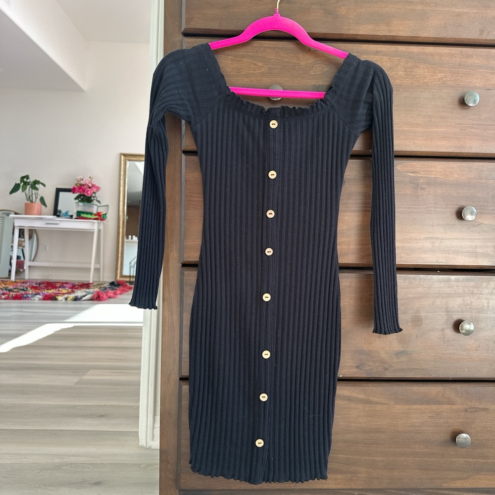 Black Ribbed Button-Down Dress